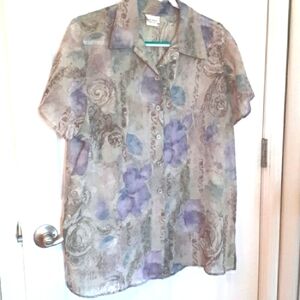 Vintage Anne Charles size 2X water colors crinkle button down sheer top